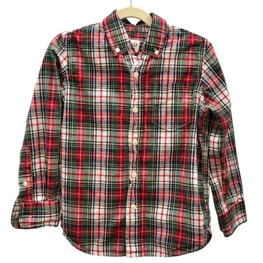 GAP Kids Boys Long Sleeve Plaid Cotton Button Down Collared Shirt. Small. 6-7.